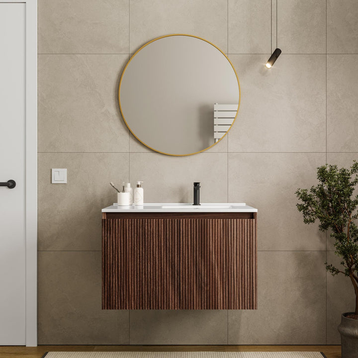 80 cm suspended bathroom cabinet in reeded oak with right sink and mirror - Nerk