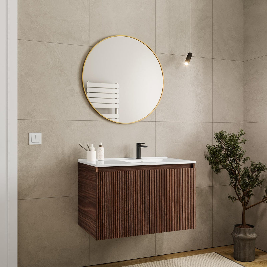 80 cm suspended bathroom cabinet in reeded oak with right sink and mirror - Nerk