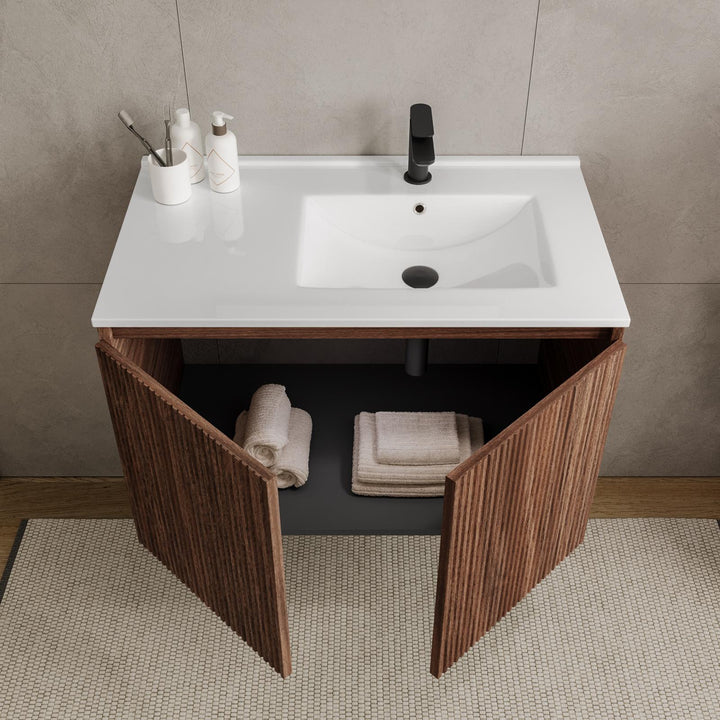 80 cm suspended bathroom cabinet in reeded oak with right sink and mirror - Nerk
