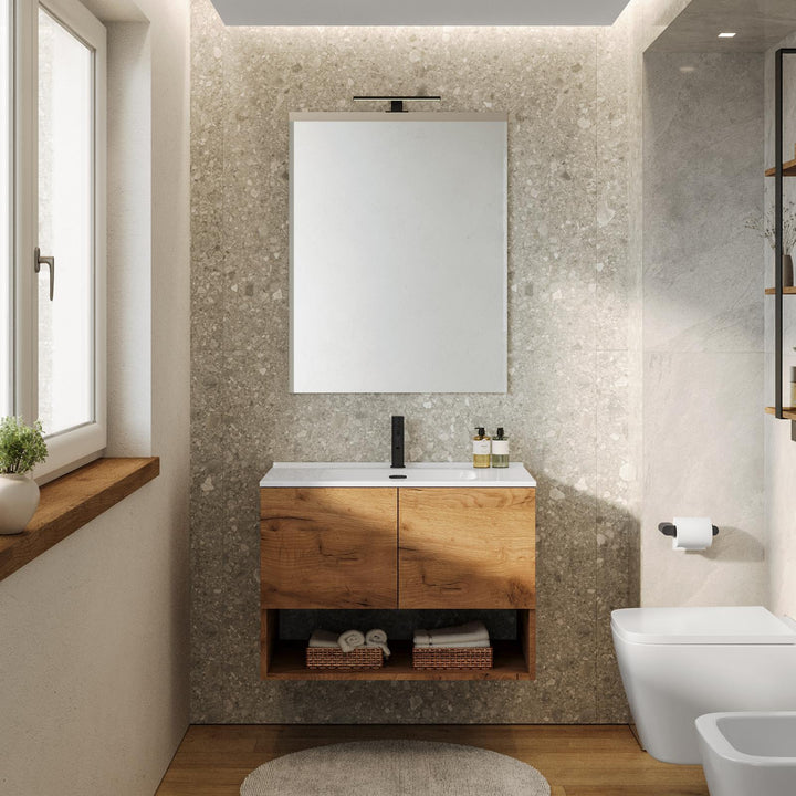 80cm gold oak suspended bathroom cabinet with integrated sink and mirror - Lion LIN-8LRG