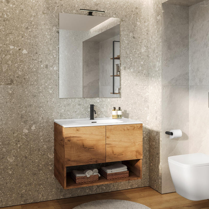 80cm gold oak suspended bathroom cabinet with integrated sink and mirror - Lion LIN-8LRG