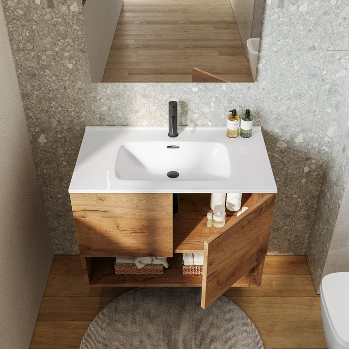 80cm gold oak suspended bathroom cabinet with integrated sink and mirror - Lion LIN-8LRG