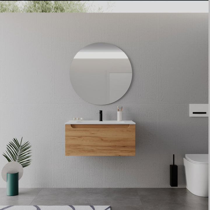 80cm gold oak suspended bathroom cabinet with integrated sink and mirror - Sleek