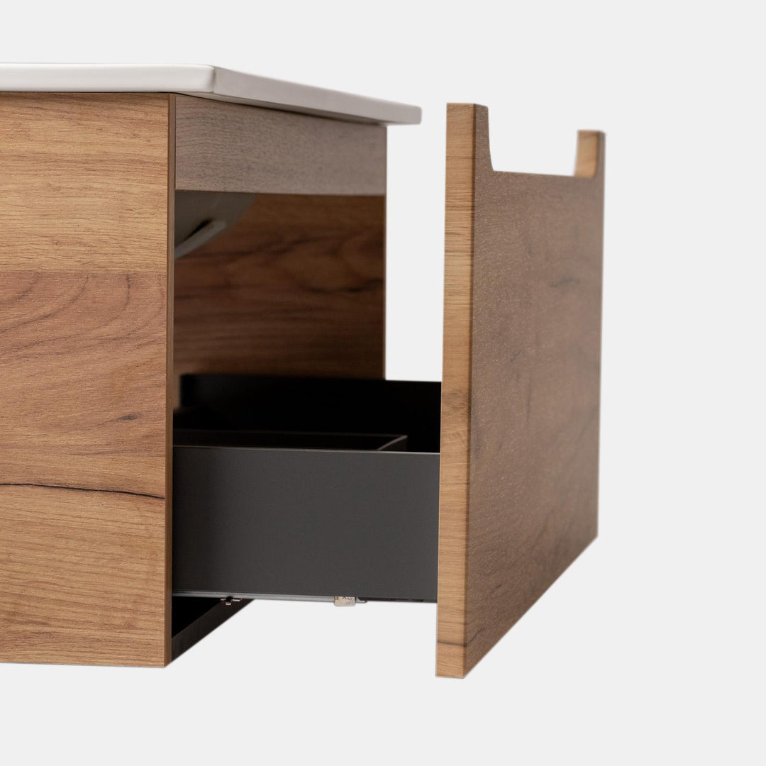 80cm gold oak suspended bathroom cabinet with integrated sink and mirror - Sleek