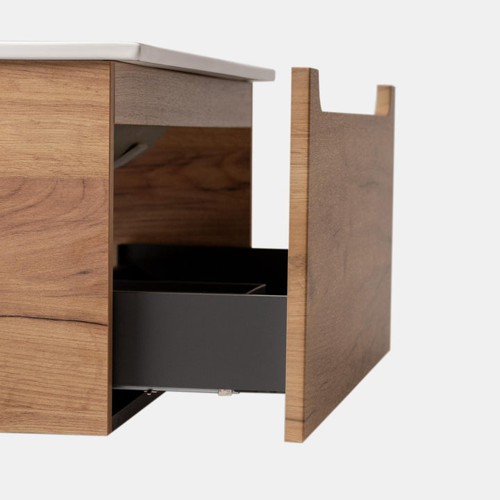 80cm gold oak suspended bathroom cabinet with integrated sink and mirror - Sleek