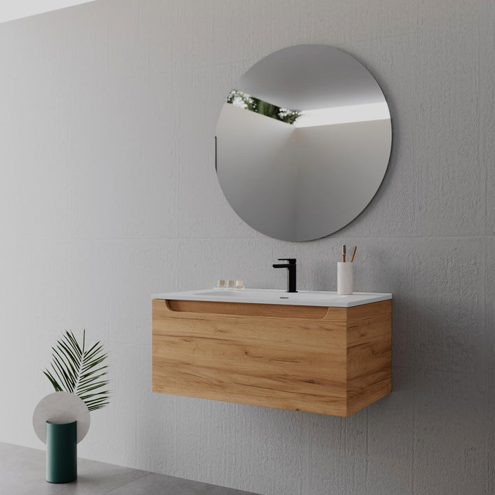 80cm gold oak suspended bathroom cabinet with integrated sink and mirror - Sleek