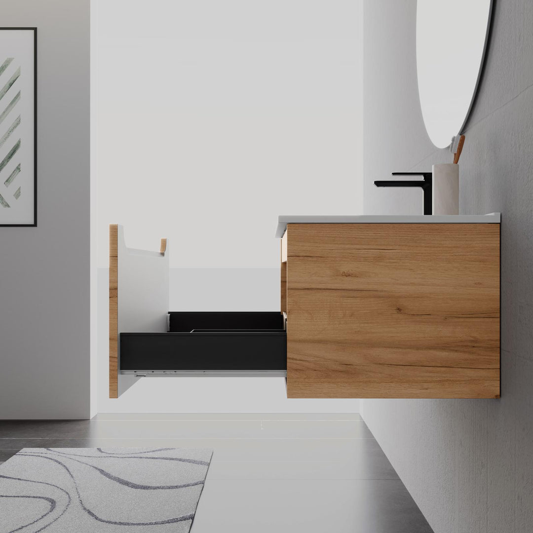 80cm gold oak suspended bathroom cabinet with integrated sink and mirror - Sleek