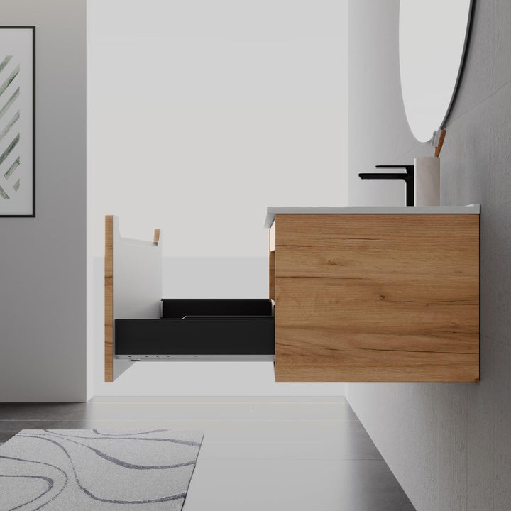 80cm gold oak suspended bathroom cabinet with integrated sink and mirror - Sleek