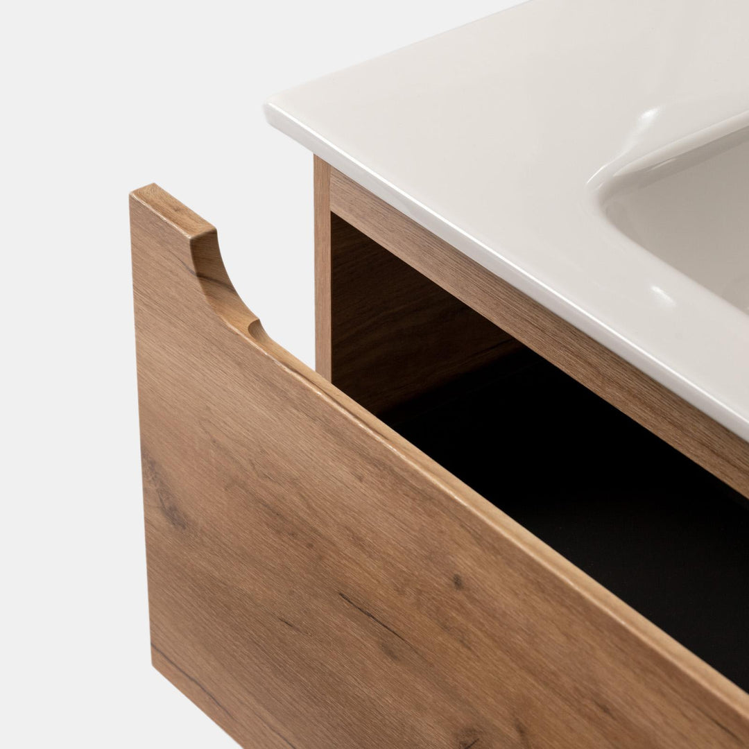 80cm gold oak suspended bathroom cabinet with integrated sink and mirror - Sleek