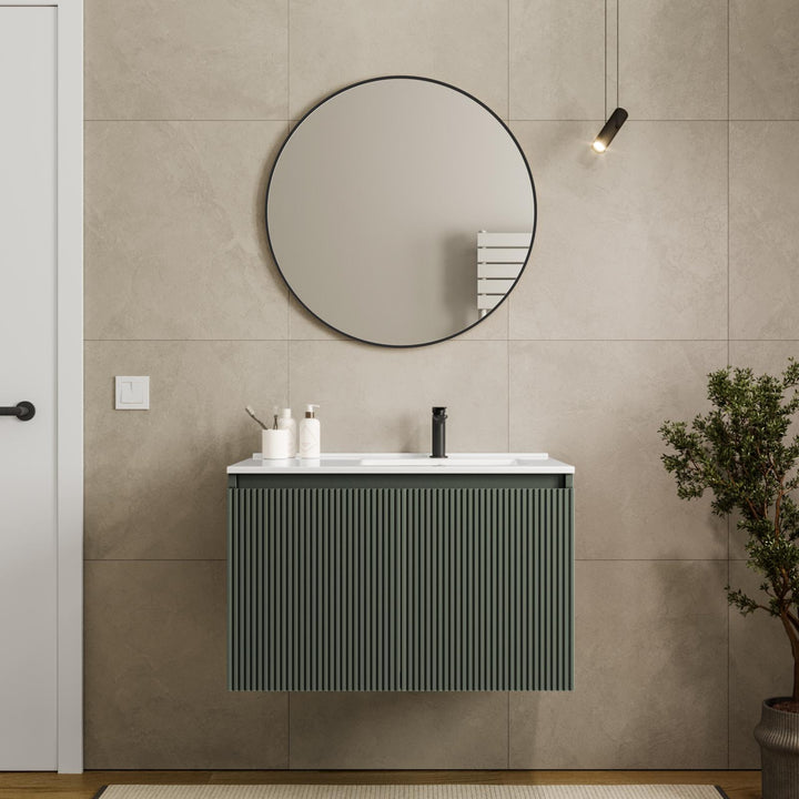 80 cm suspended bathroom cabinet in reeded concrete green with right sink and mirror - Nerk