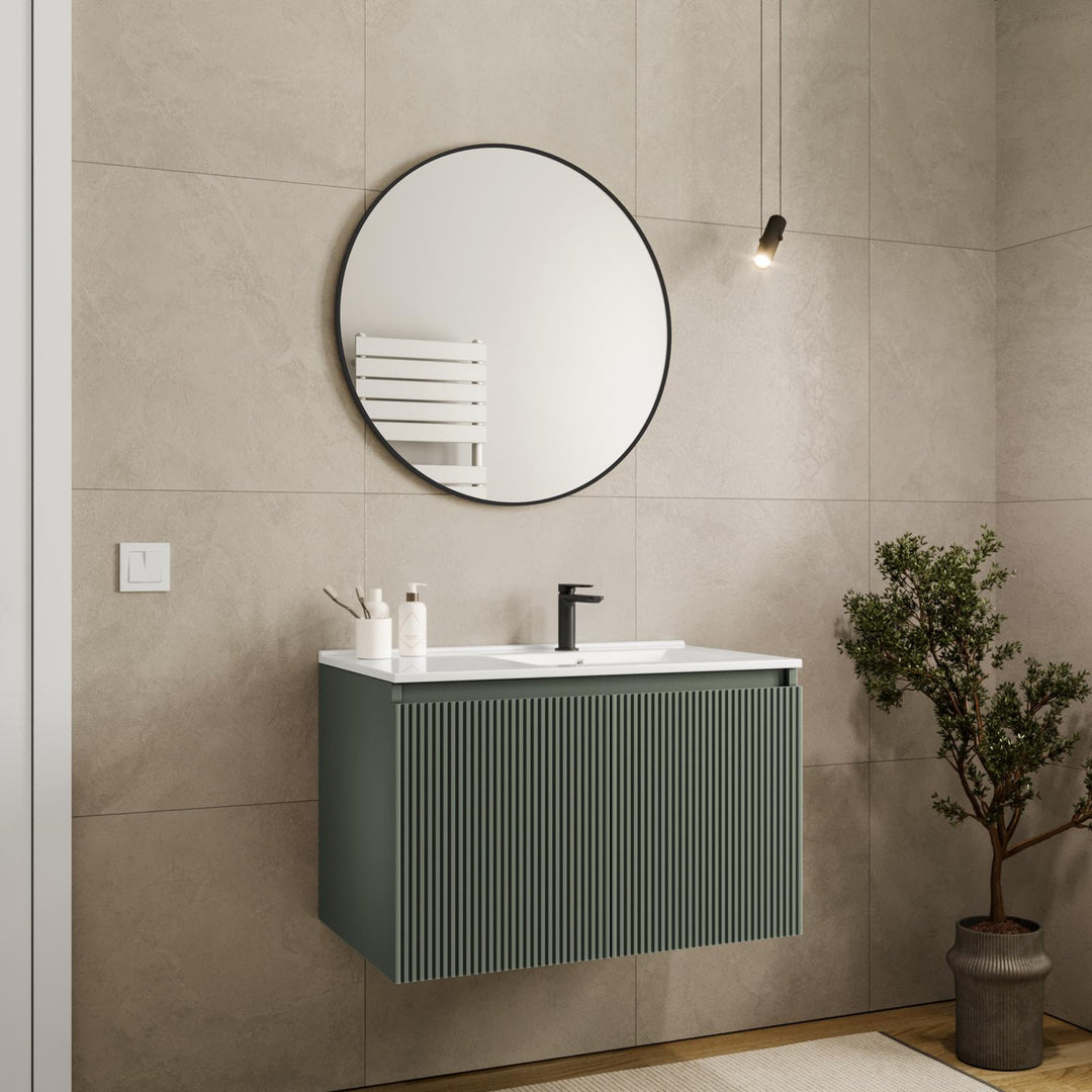 80 cm suspended bathroom cabinet in reeded concrete green with right sink and mirror - Nerk