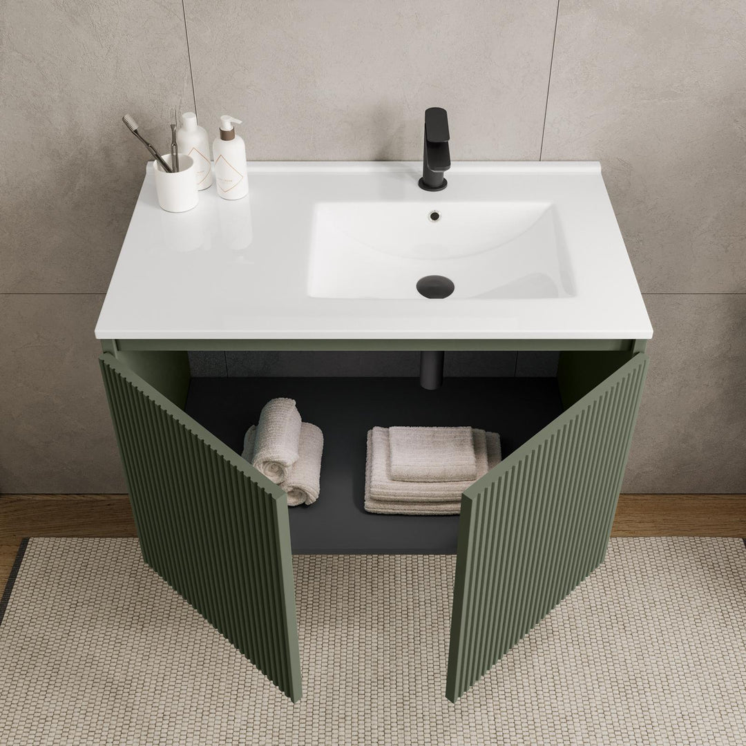 80 cm suspended bathroom cabinet in reeded concrete green with right sink and mirror - Nerk