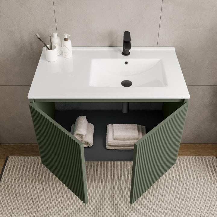 80 cm suspended bathroom cabinet in reeded concrete green with right sink and mirror - Nerk