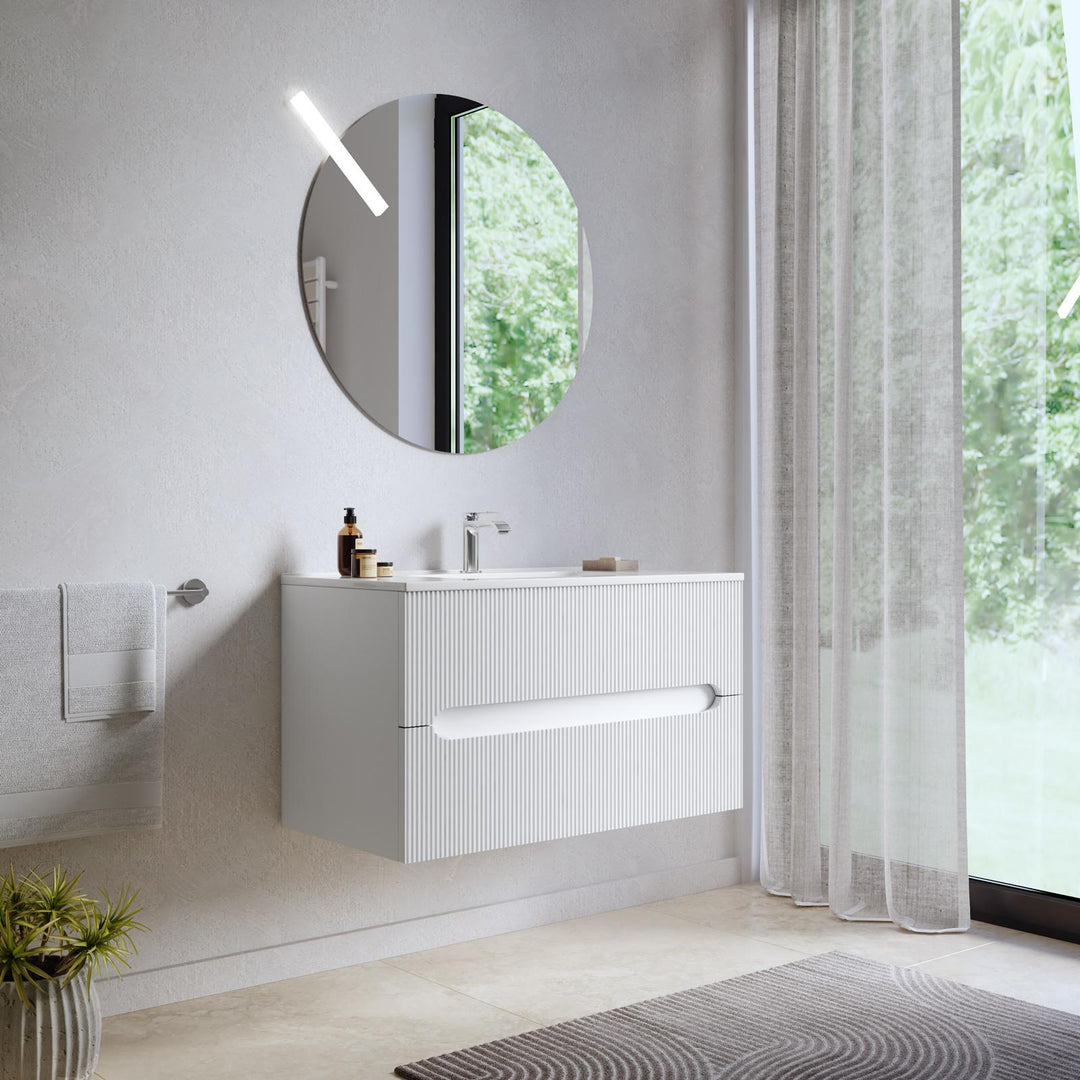 90cm suspended bathroom cabinet with matt white drawers and washbasin with mirror - Tayga