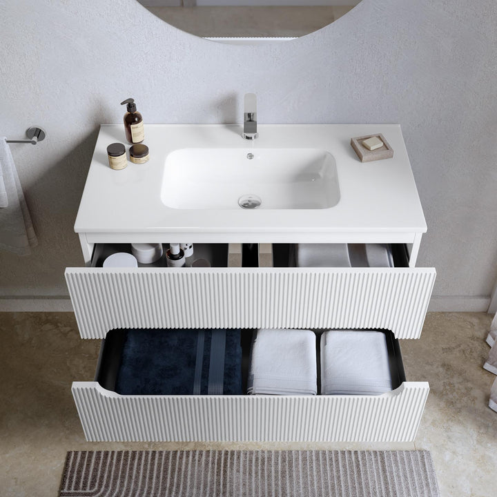 90cm suspended bathroom cabinet with matt white drawers and washbasin with mirror - Tayga