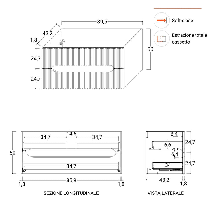 90cm suspended bathroom cabinet with matt white drawers and washbasin with mirror - Tayga