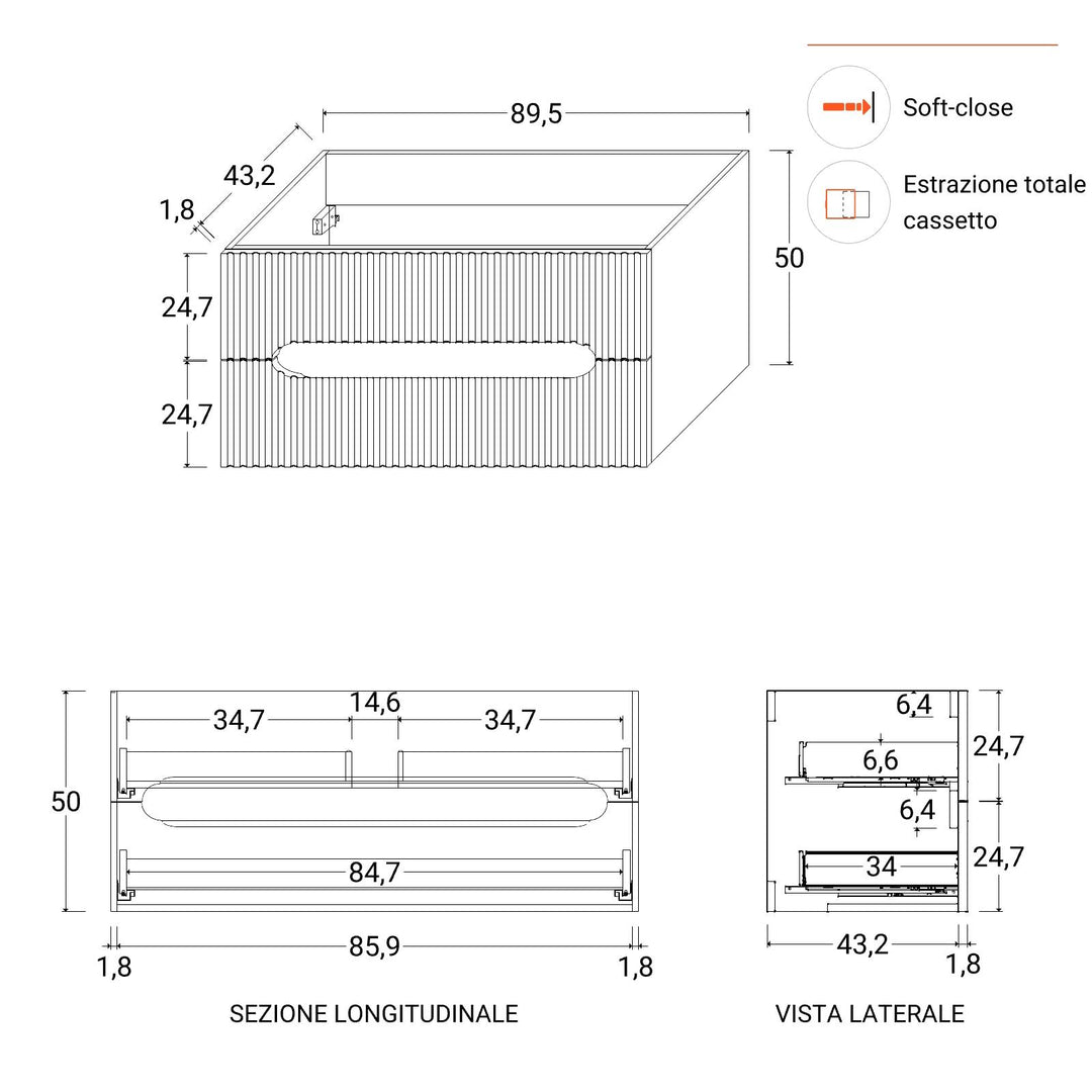 90 cm suspended bathroom cabinet with gold oak drawers and mirror - Tayga