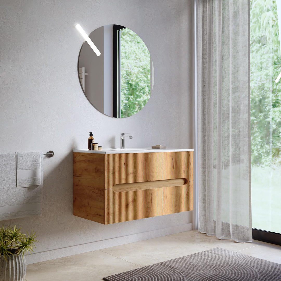 90 cm suspended bathroom cabinet with gold oak drawers and mirror - Tayga