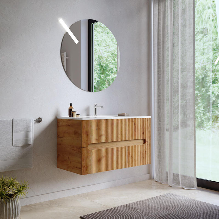 90 cm suspended bathroom cabinet with gold oak drawers and mirror - Tayga