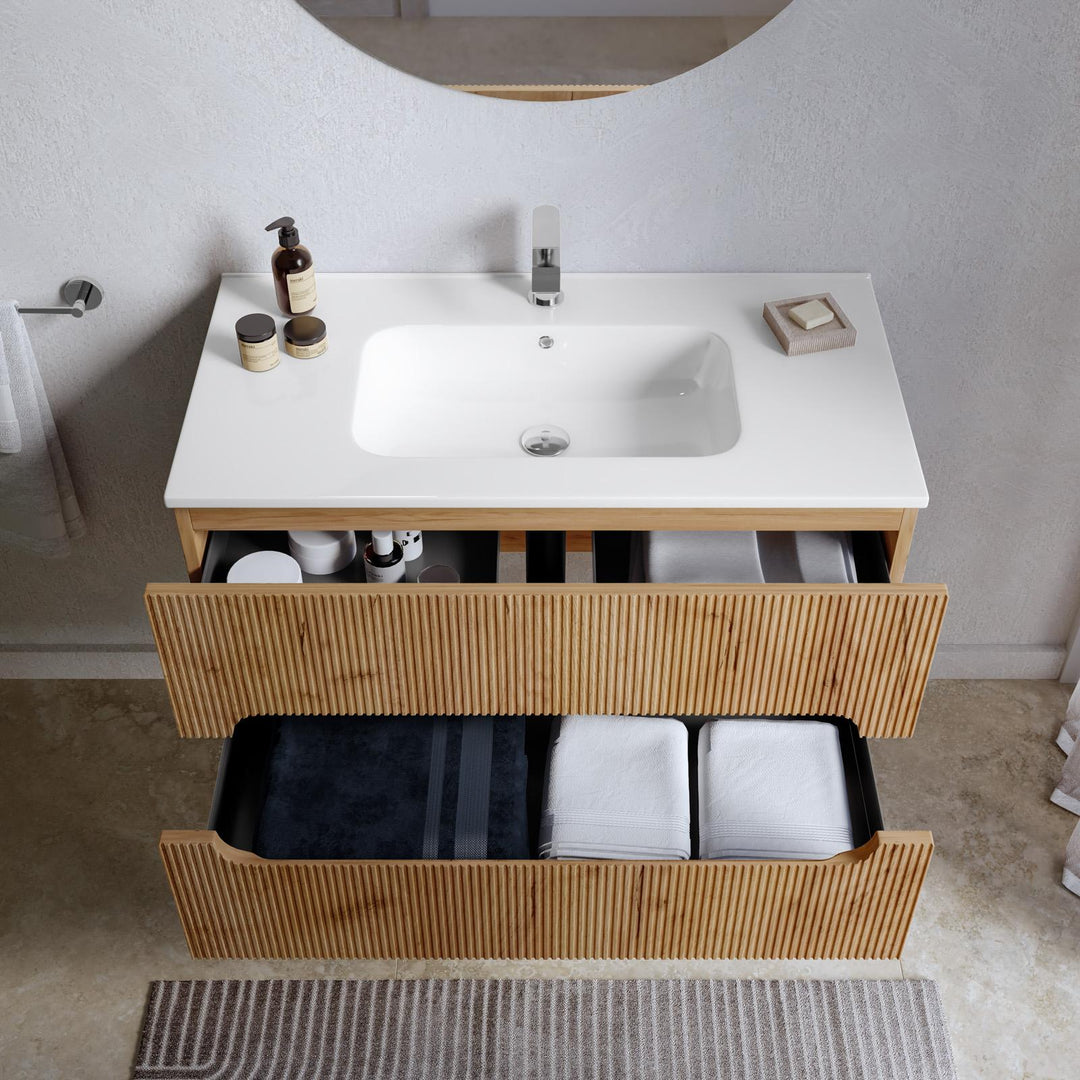 90 cm suspended bathroom cabinet with gold oak drawers and mirror - Tayga