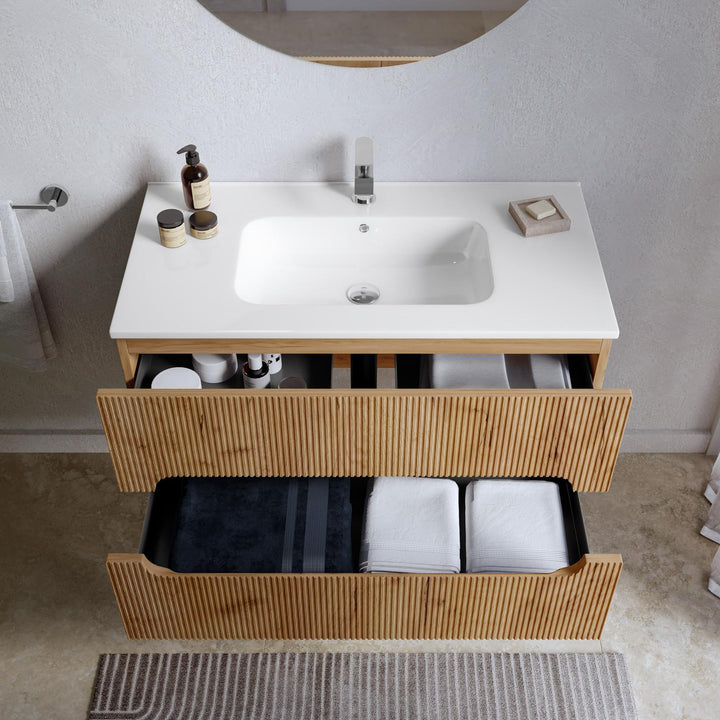 90 cm suspended bathroom cabinet with gold oak drawers and mirror - Tayga