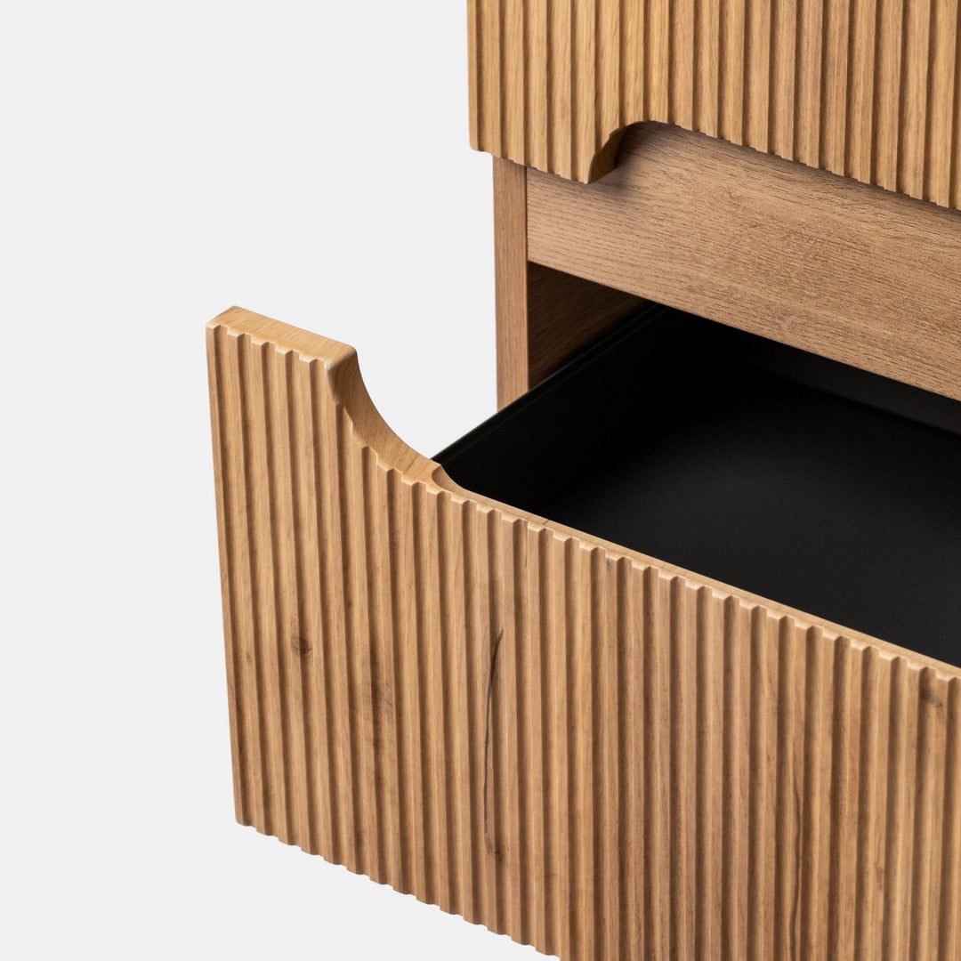 90 cm suspended bathroom cabinet with gold oak drawers and mirror - Tayga