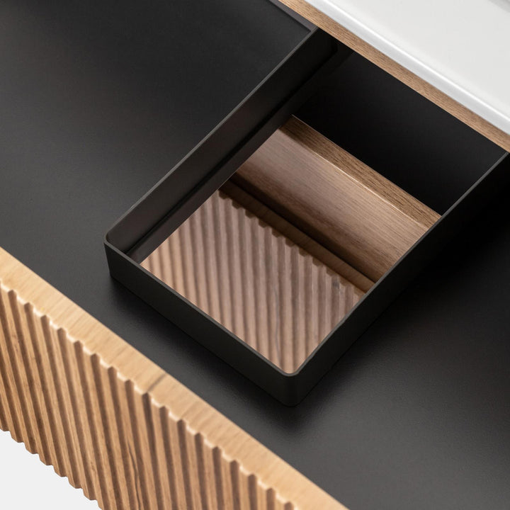 90 cm suspended bathroom cabinet with gold oak drawers and mirror - Tayga