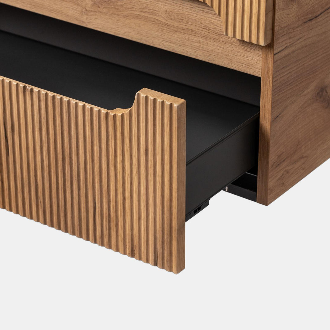 90 cm suspended bathroom cabinet with gold oak drawers and mirror - Tayga