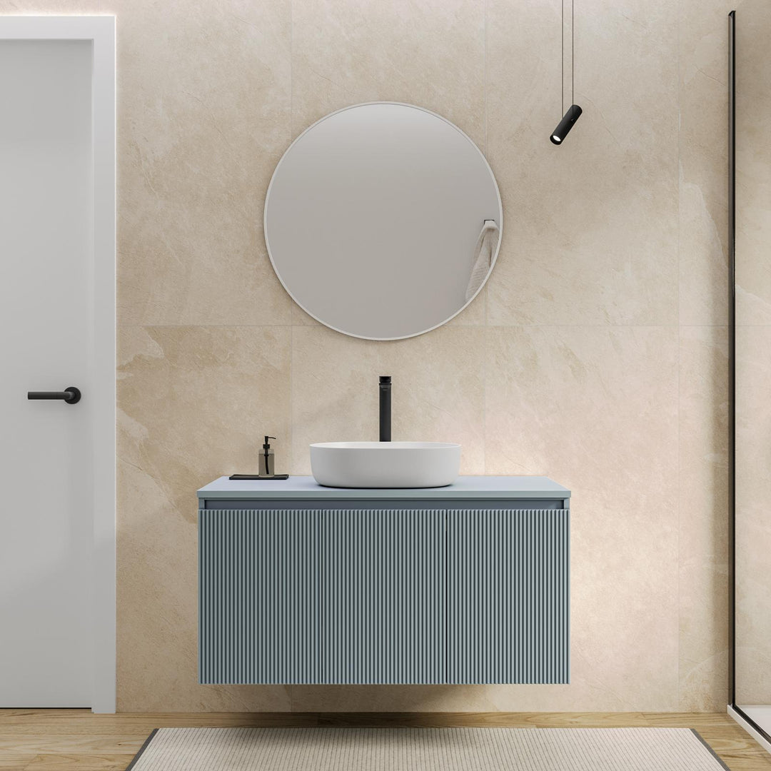 Suspended bathroom cabinet with doors 100 cm sugar paper reeded with top and mirror - Nerk