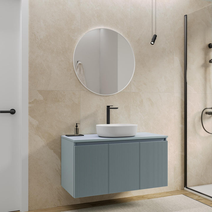 Suspended bathroom cabinet with doors 100 cm sugar paper reeded with top and mirror - Nerk