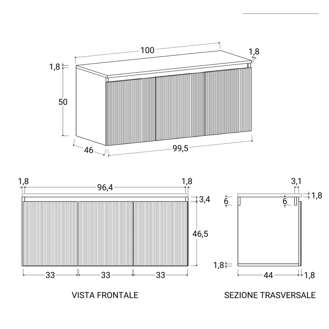 Suspended bathroom cabinet with doors 100 cm sugar paper reeded with top and mirror - Nerk