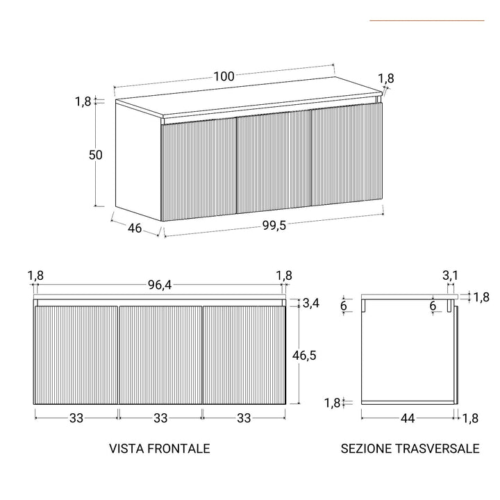 Suspended bathroom cabinet with doors 100 cm sugar paper reeded with top and mirror - Nerk