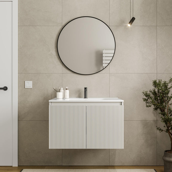 Nerk bathroom cabinet - 80cm matt white ribbed with doors, sink and mirror