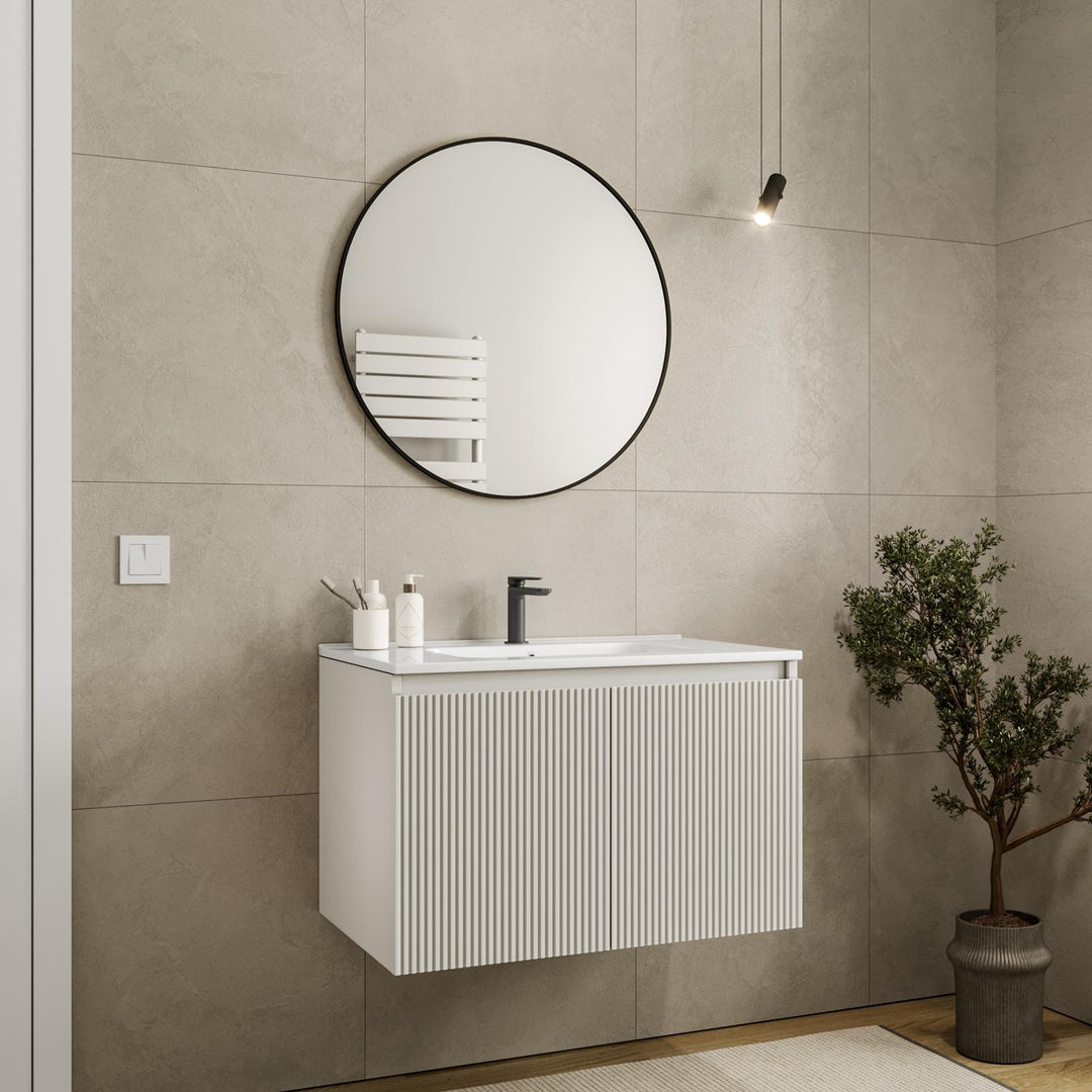 Suspended bathroom cabinet with doors 80 cm matt white ribbed with sink and mirror - Nerk
