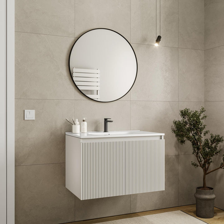 Suspended bathroom cabinet with doors 80 cm matt white ribbed with sink and mirror - Nerk