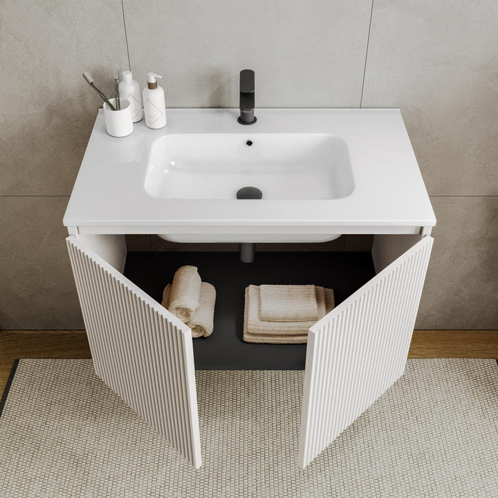 Suspended bathroom cabinet with doors 80 cm matt white ribbed with sink and mirror - Nerk