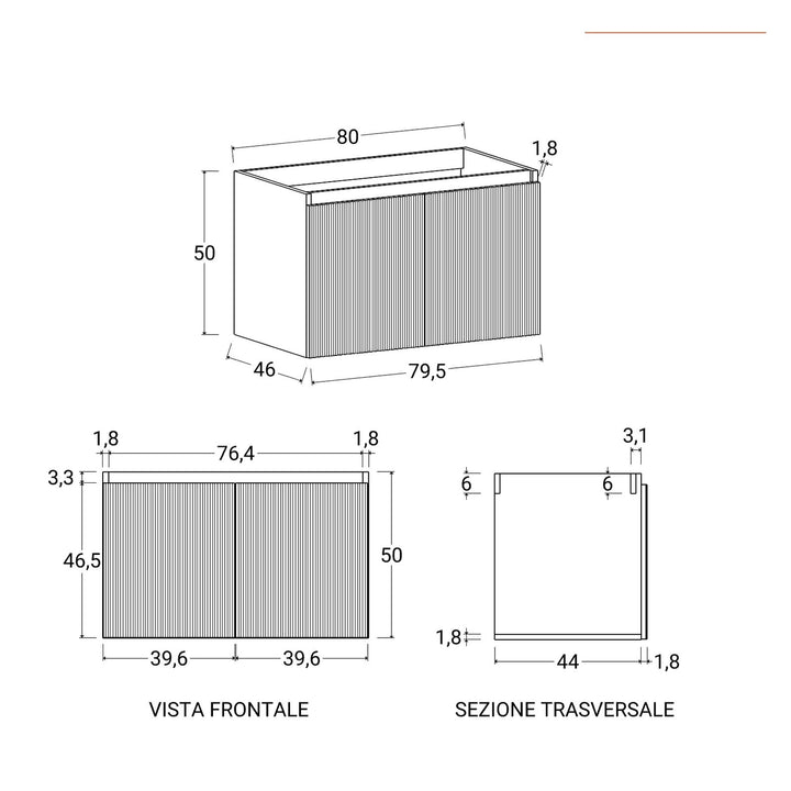 Suspended bathroom cabinet with doors 80 cm matt white ribbed with sink and mirror - Nerk