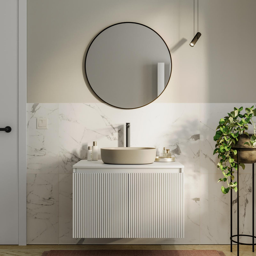 Suspended bathroom cabinet with doors 80 cm matt white ribbed with top and mirror - Nerk