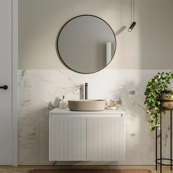 Suspended bathroom cabinet with doors 80 cm matt white ribbed with top and mirror - Nerk