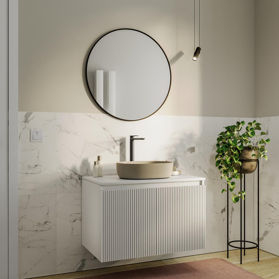 Suspended bathroom cabinet with doors 80 cm matt white ribbed with top and mirror - Nerk