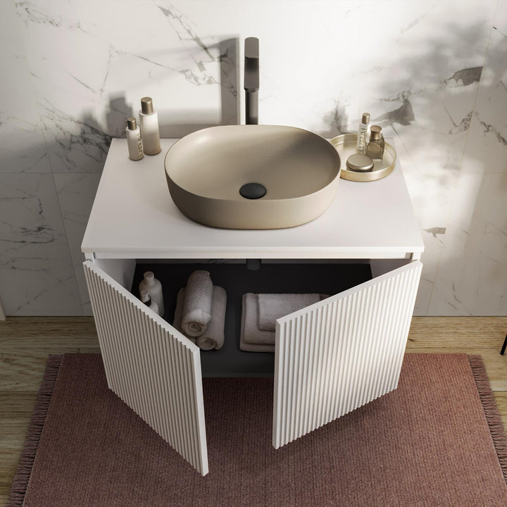 Suspended bathroom cabinet with doors 80 cm matt white ribbed with top and mirror - Nerk