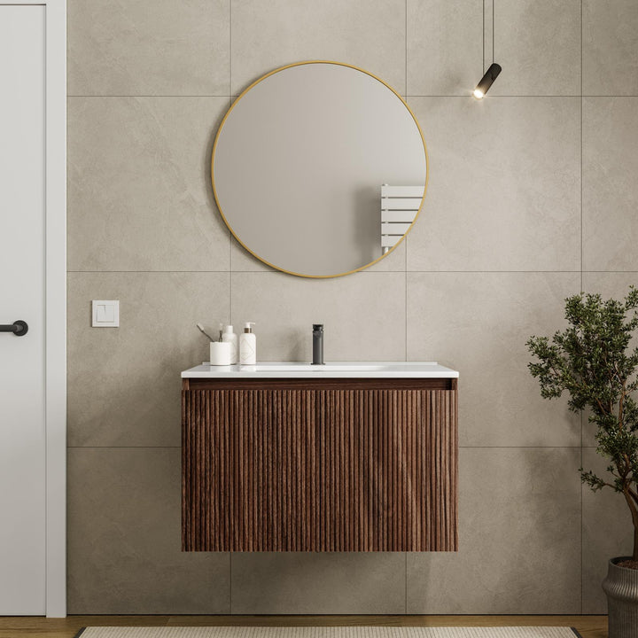 Nerk bathroom cabinet - 80cm reeded oak with doors, sink and mirror