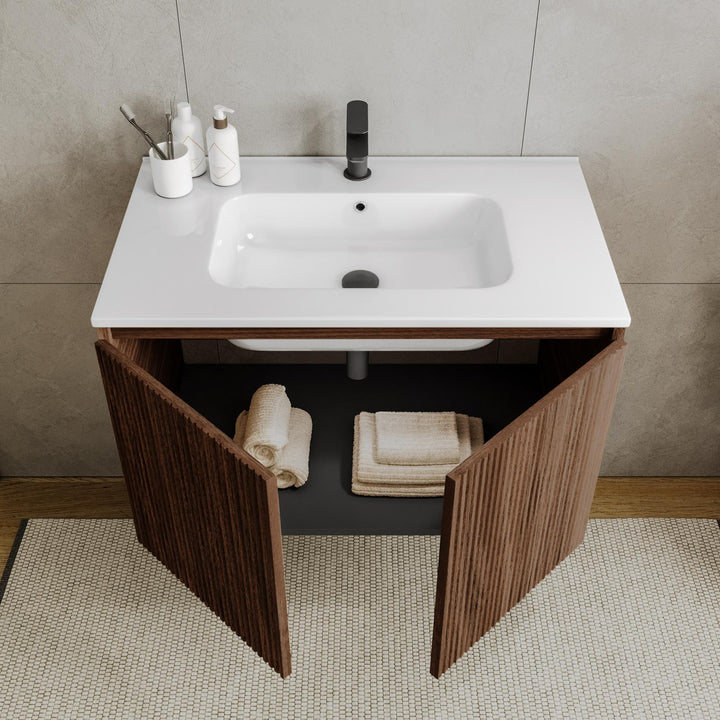 Suspended bathroom cabinet with 80 cm doors in reeded oak with sink and mirror - Nerk