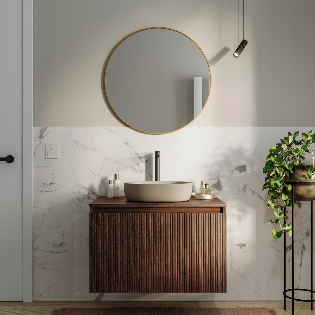 Suspended bathroom cabinet with doors 80 cm strong oak reeded with top and mirror - Nerk