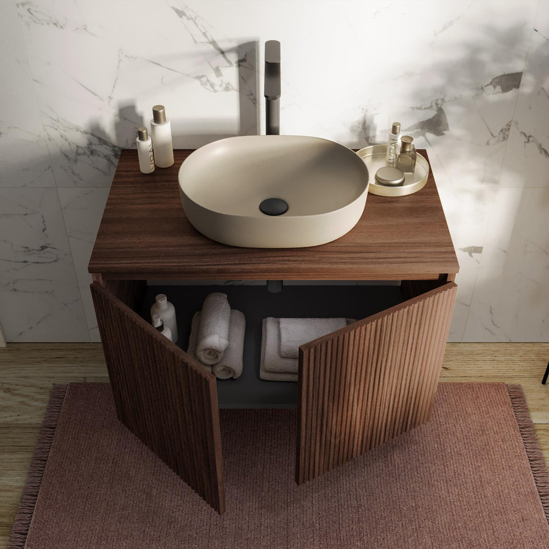 Suspended bathroom cabinet with doors 80 cm strong oak reeded with top and mirror - Nerk