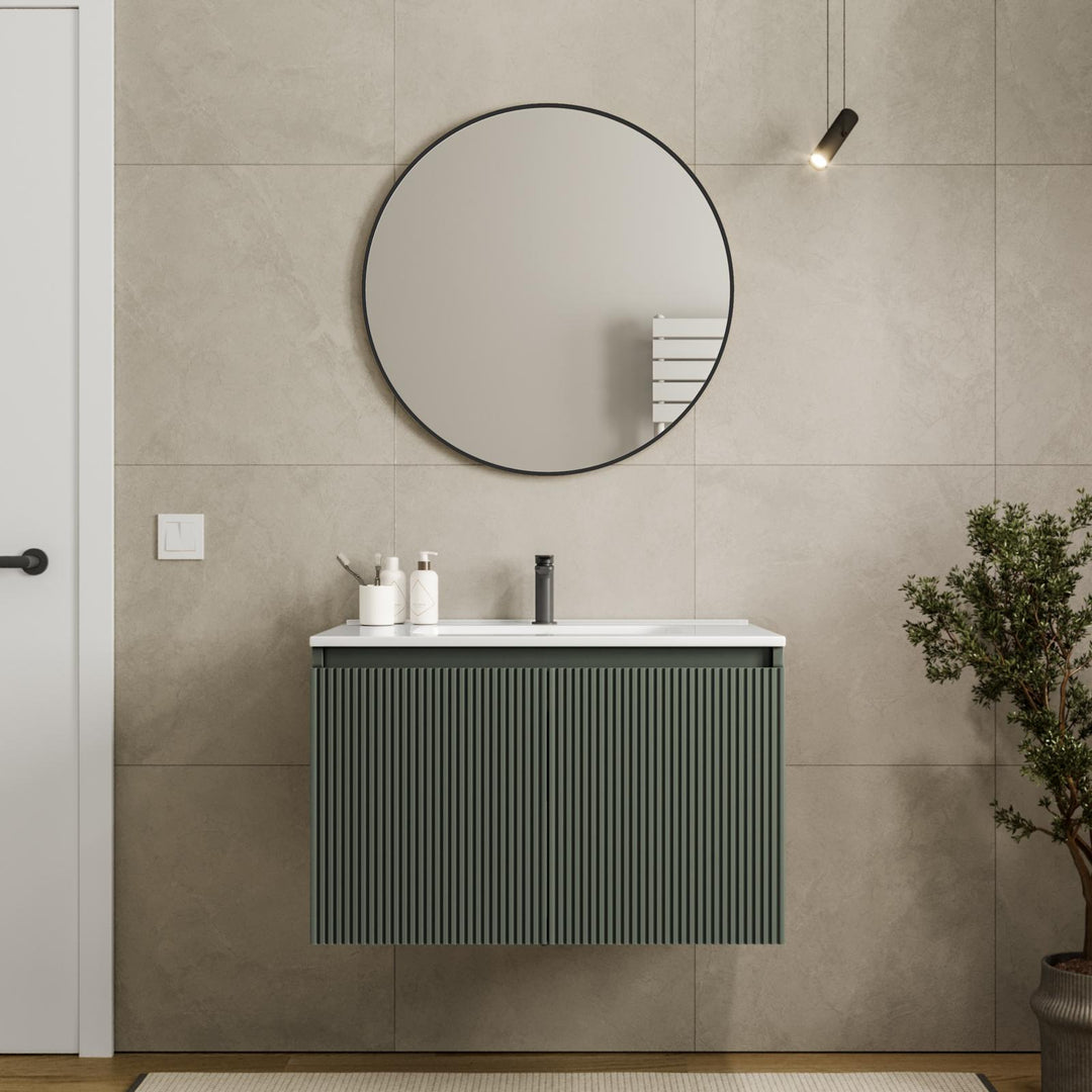 Nerk bathroom cabinet - 80cm concrete green ribbed with doors, sink and mirror