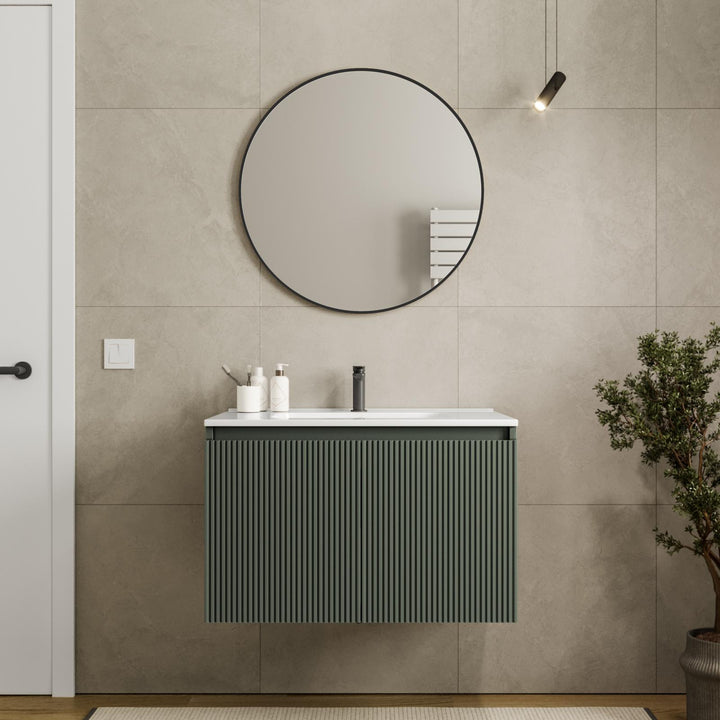 Nerk bathroom cabinet - 80cm concrete green ribbed with doors, sink and mirror