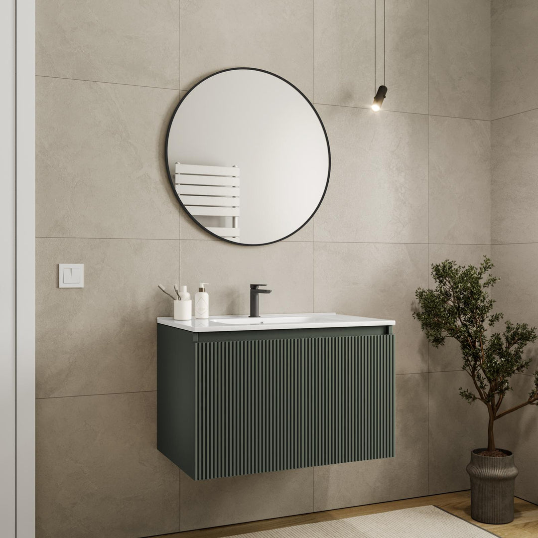 Suspended bathroom cabinet with doors 80 cm concrete green ribbed with sink and mirror - Nerk