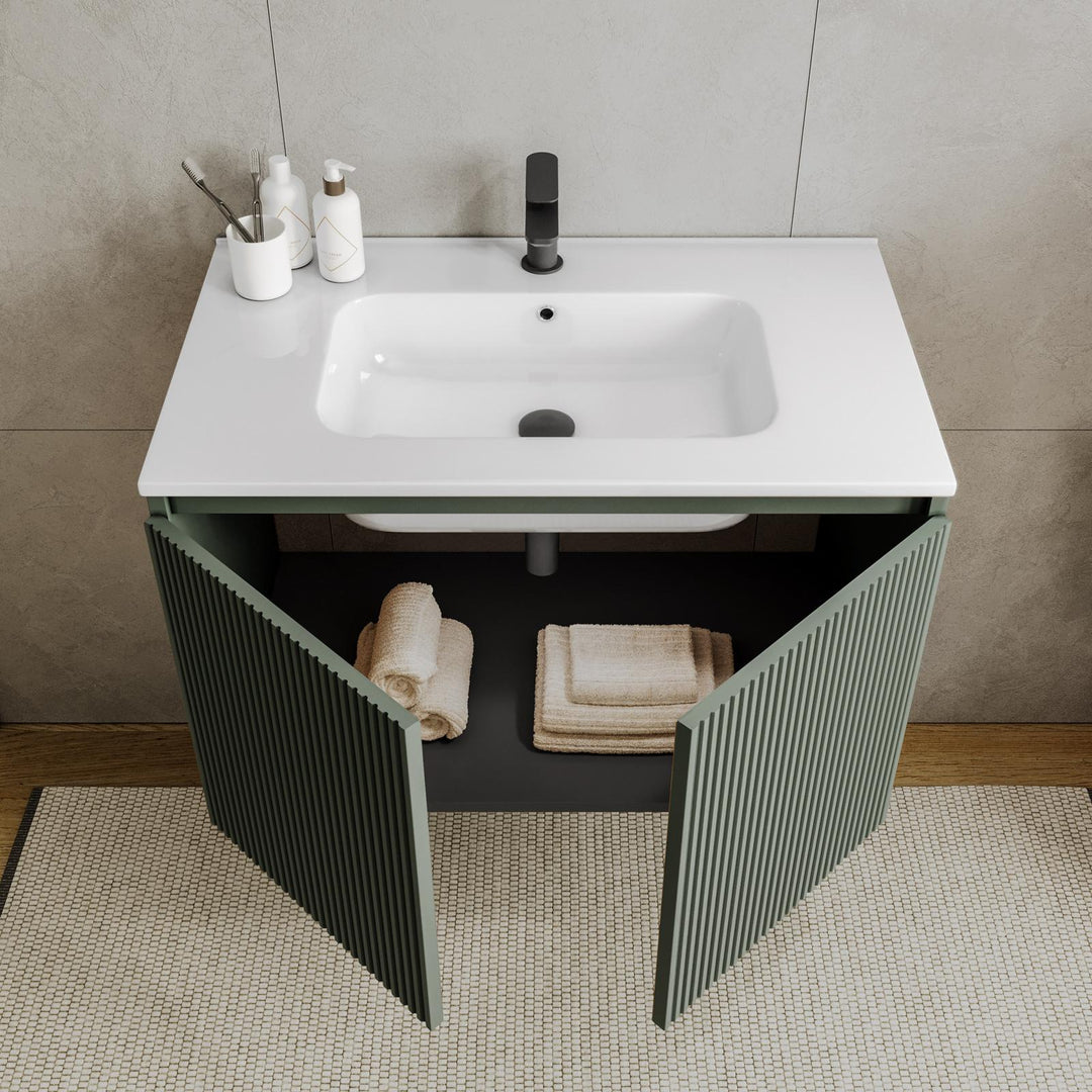 Suspended bathroom cabinet with doors 80 cm concrete green ribbed with sink and mirror - Nerk