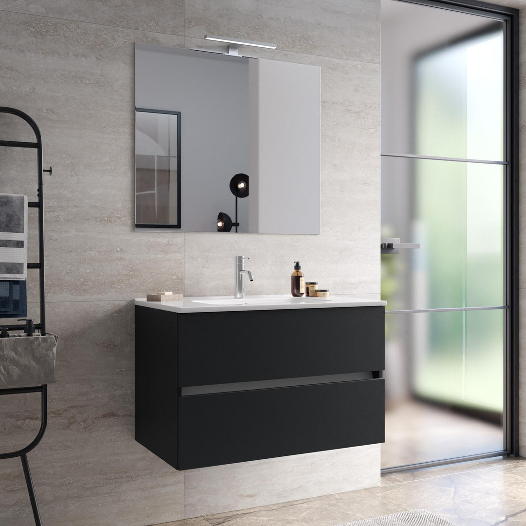 Suspended bathroom cabinet with drawers 80 cm matt black with sink and mirror - Cuki